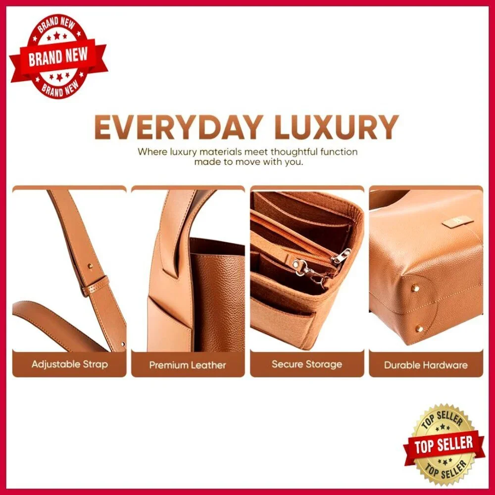 Large Genuine Leather Hobo Bag with Removable Organizer Insert